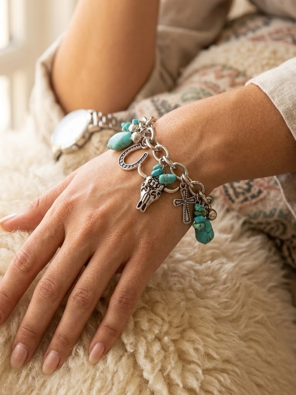 Paparazzi Silver and Blue Charm Bracelet with horseshoe, bull, cactus, ect. NEW!